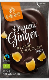 Candied ginger in dark chocolate, fair trade, gluten-free, organic, 70 g - LANDGARTEN